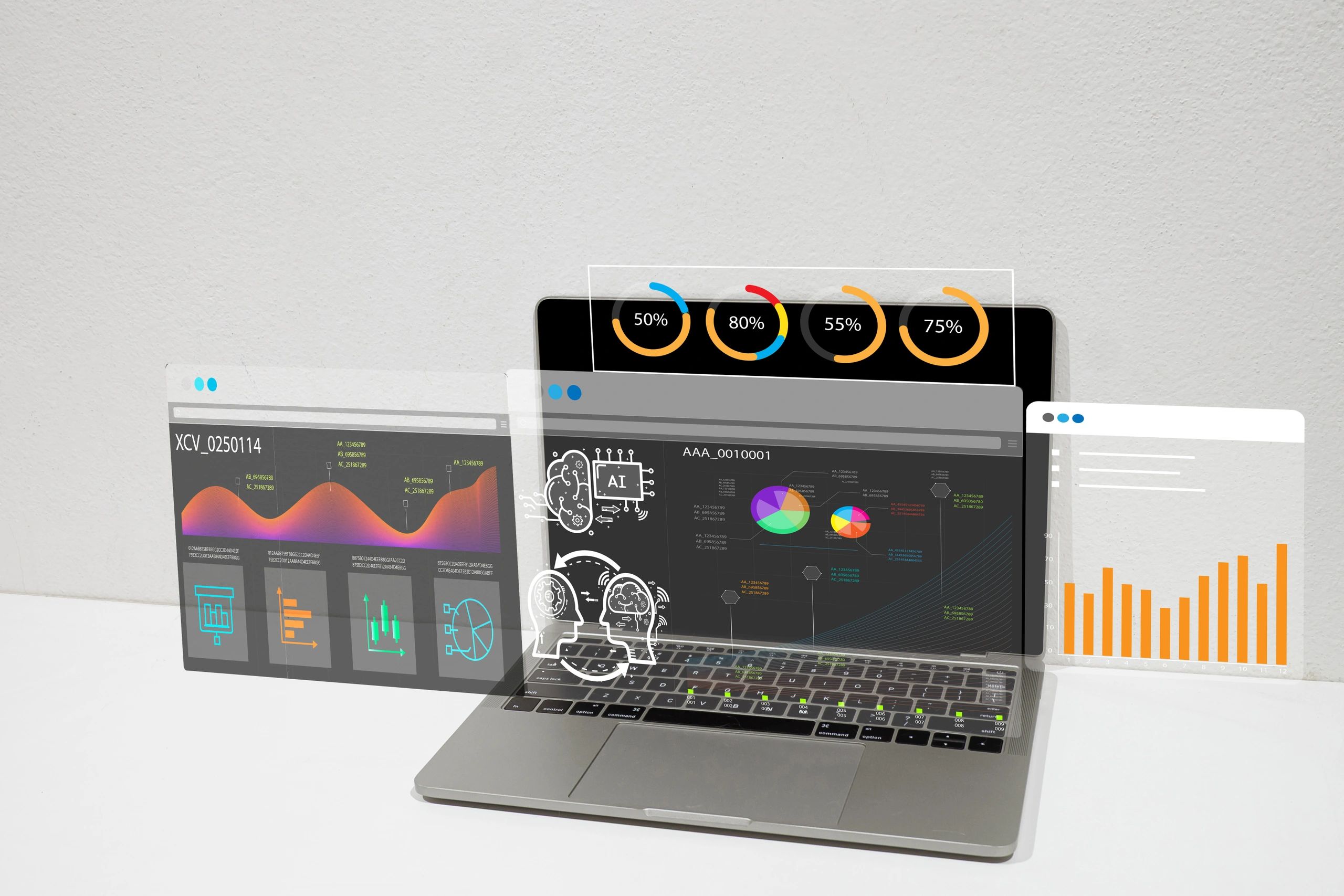 Laptop computer with multiple virtual dashboards for Business Intelligence (BI) and AI-powered data analysis.